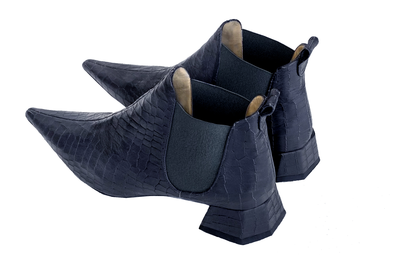 Navy blue women's ankle boots, with elastics. Pointed toe. Low flare heels. Rear view - Florence KOOIJMAN